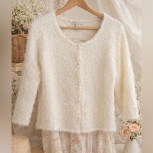 New York & Company Fuzzy Eyelash Knit Cream Cardigan Soft & Cozy M